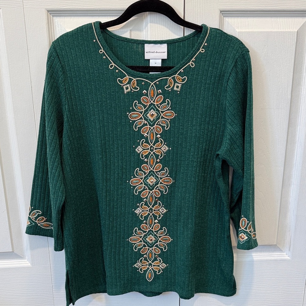 Alfred Dunner Teal Embroidered Long Sleeve Top